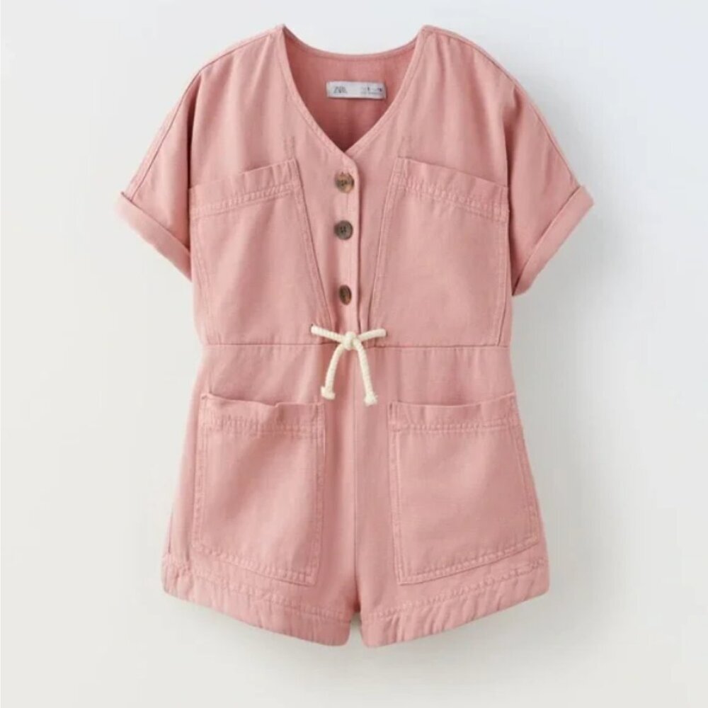 ZARA girls size 8 dusty pink casual utility romper baggy drawstring EUC